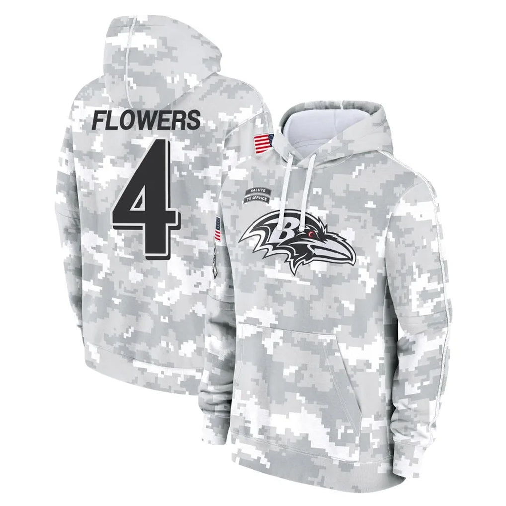 B.Ravens #4 Zay Flowers Player Arctic Camo Salute to Service Pullover Hoodie Edoa Stitched Jerseys