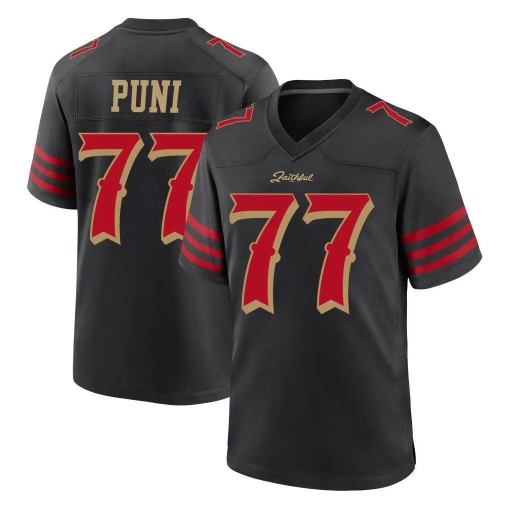 SF.49ers #77 Dominick Puni Player Black Rivalries Collection Home Game Edoa Stitched Jerseys
