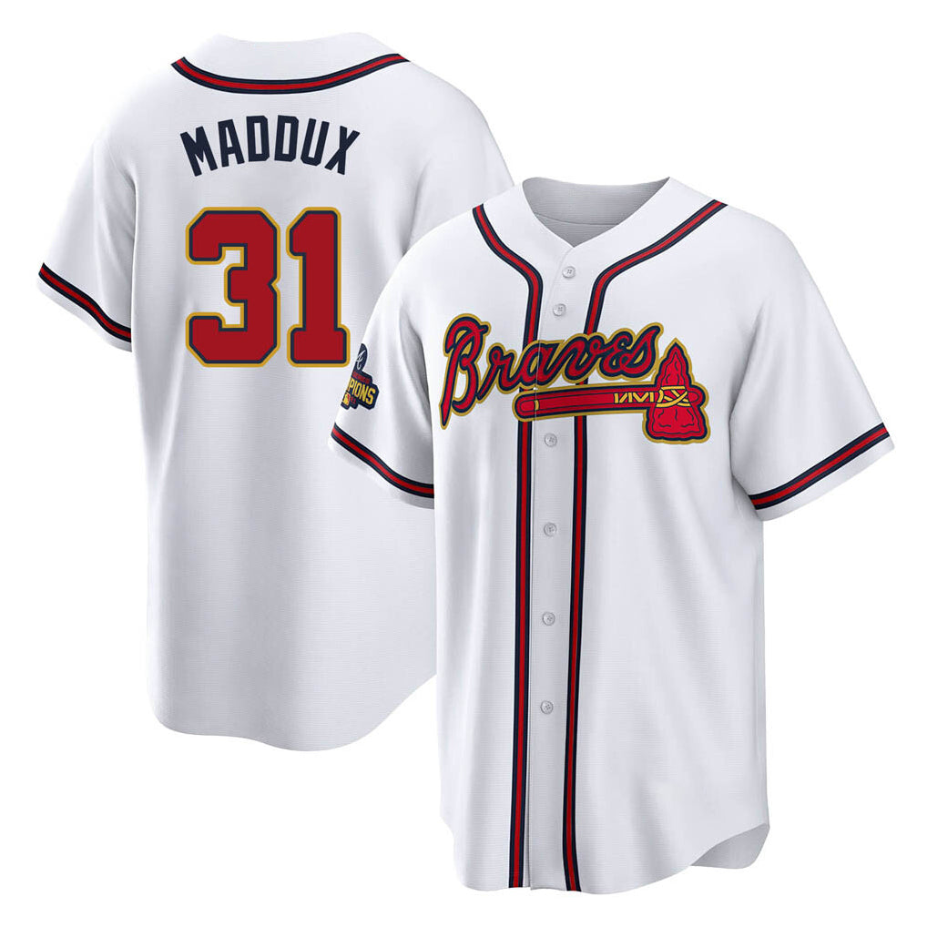 A.Braves #31 Greg Maddux Player White Gold Home Game Edoa Stitched Jerseys
