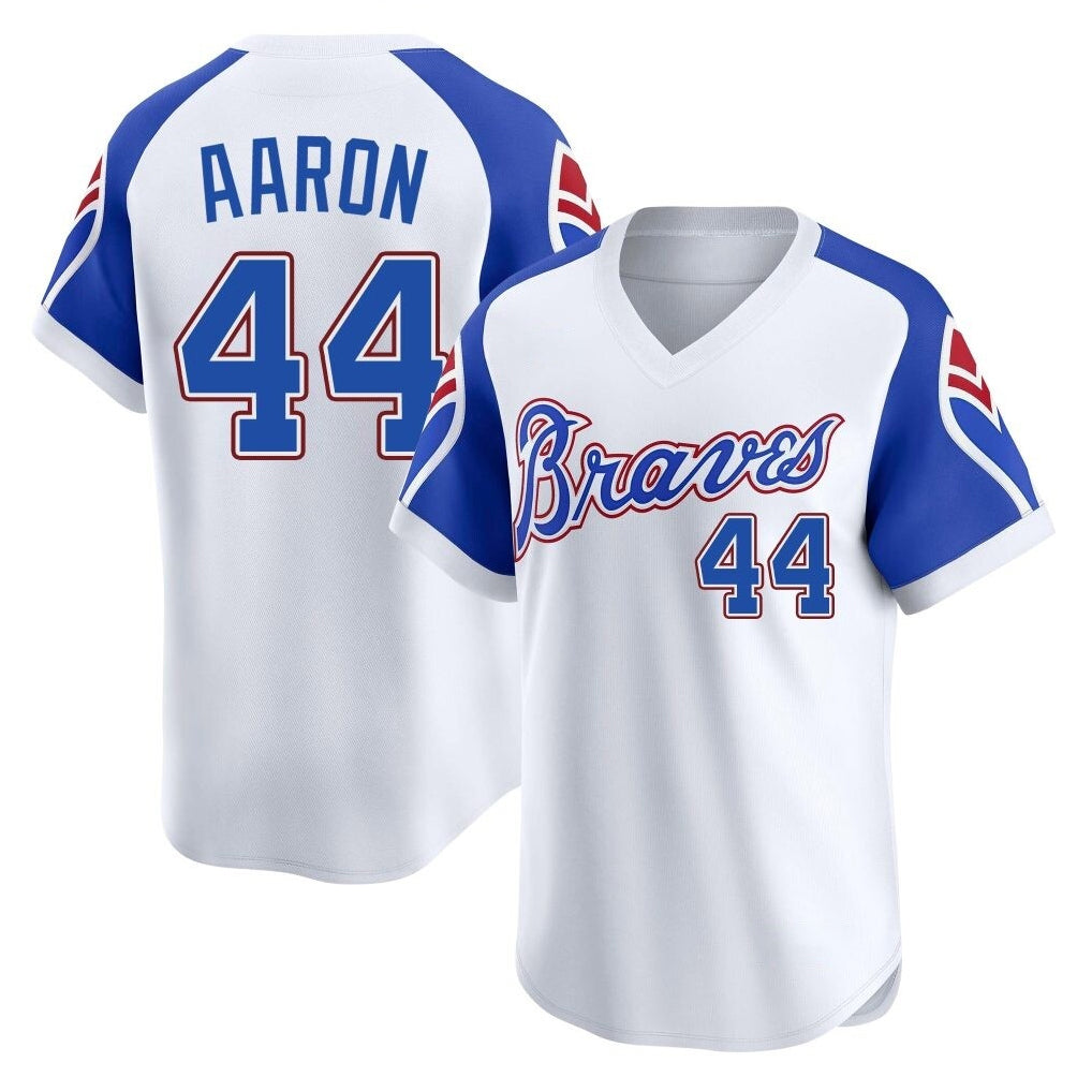 A.Braves #44 Hank Aaron Player White Throwback Cooperstown Collection T-shirt Game Edoa Stitched Jerseys