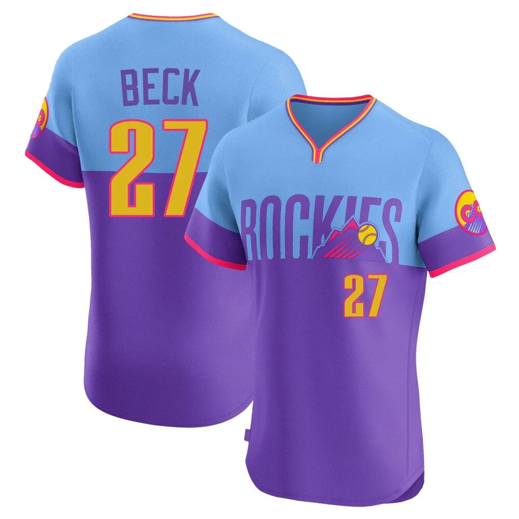 C.Rockies #27 Jordan Beck Player Purple-Light Blue City Connect Limited Elite Home T-shirt Edoa Stitched Jerseys