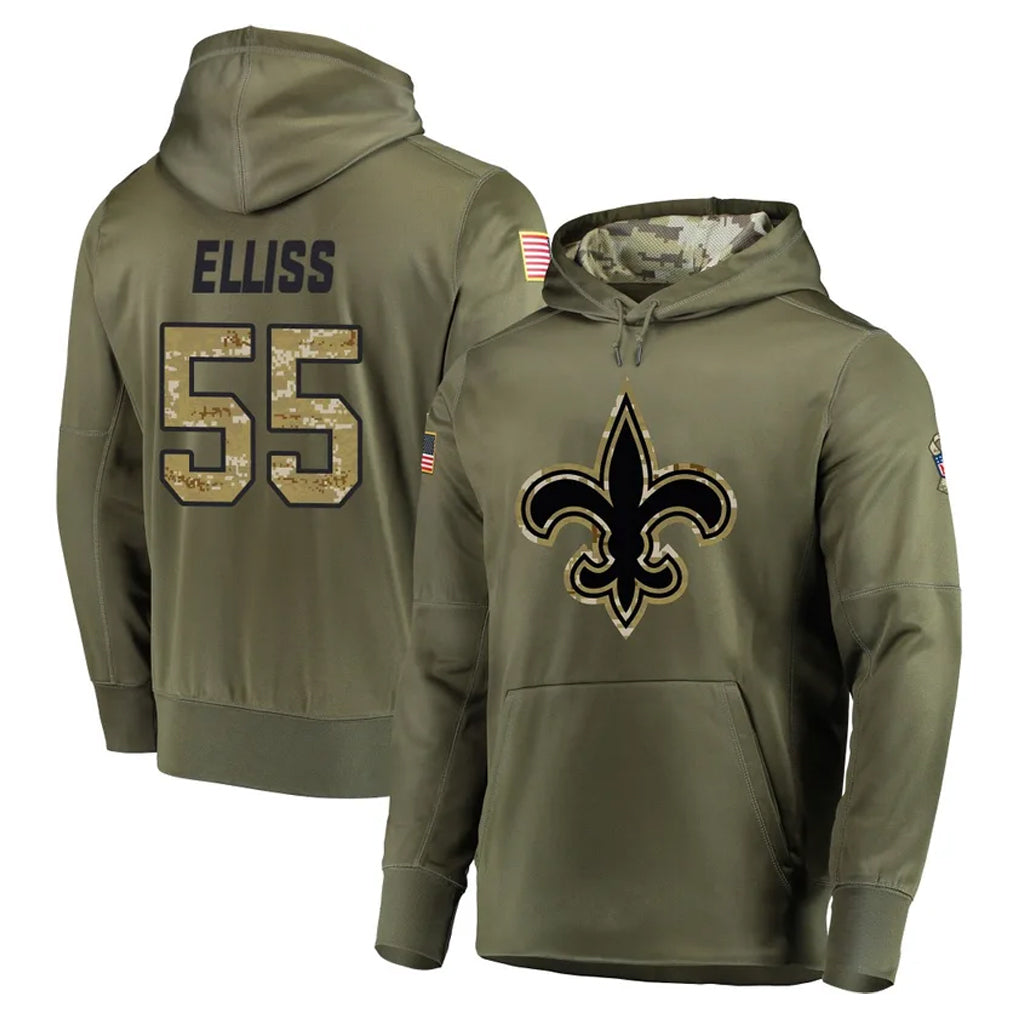 NO.Saints #55 Kaden Elliss Player Olive Salute to Service Pullover Hoodies Home Game Edoa Stitched Jerseys