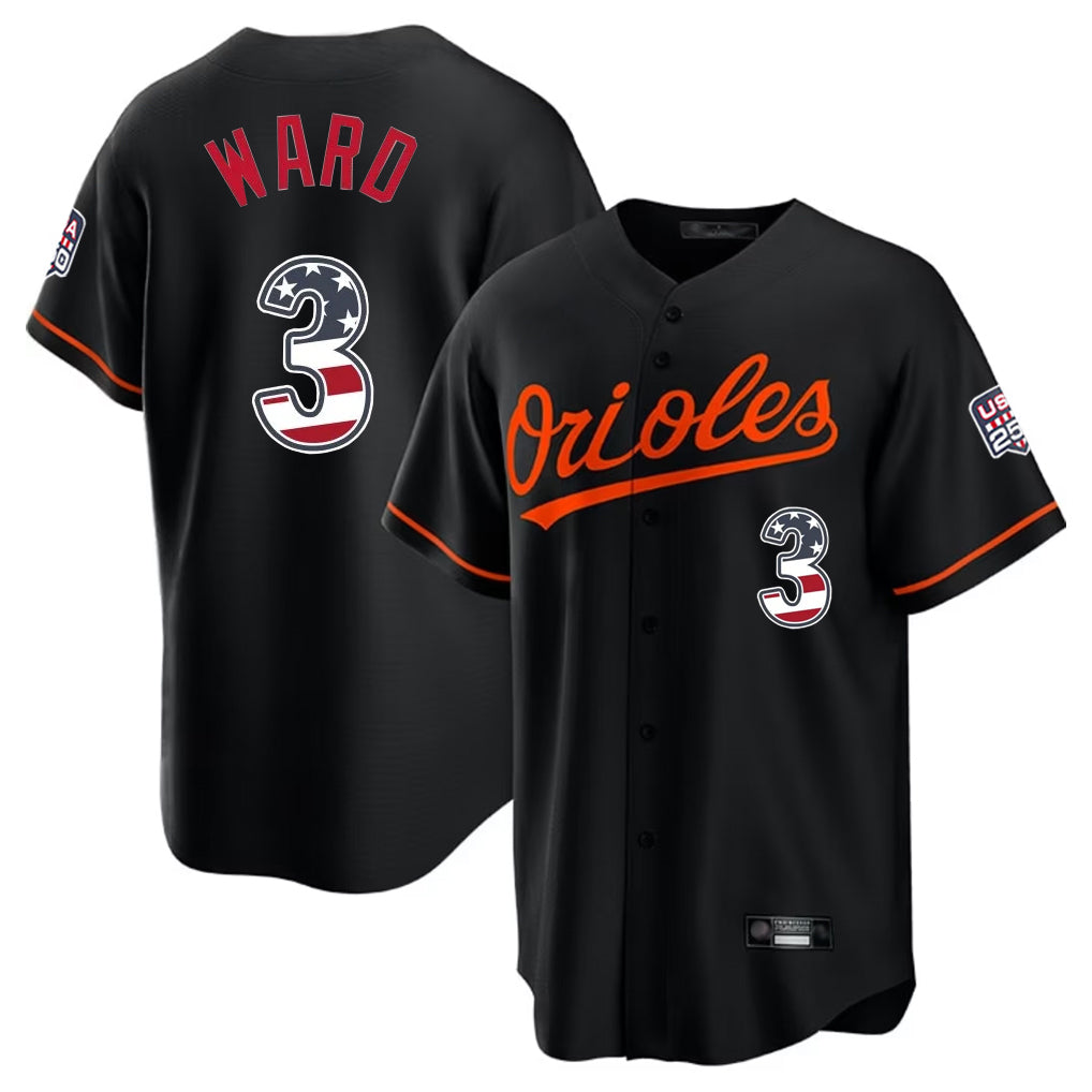 B.Orioles #3 Taylor Ward Player Black USA 250 Fourth of July Home Game Edoa Stitched Jerseys