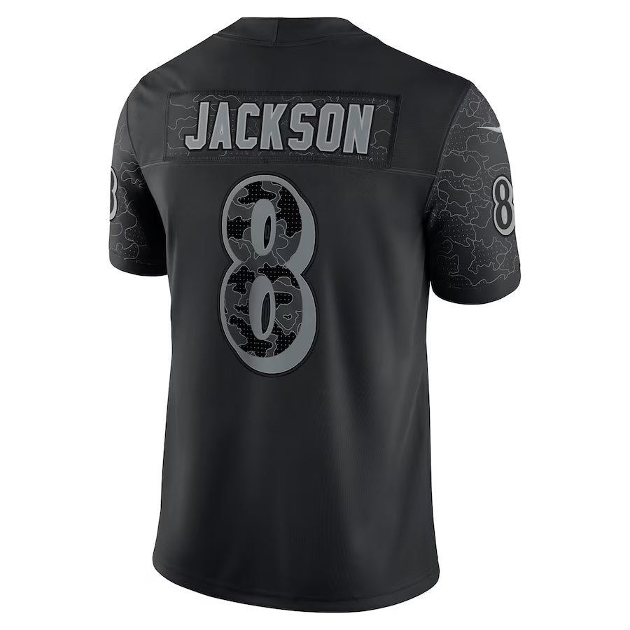 B.Ravens #8 Lamar Jackson Player Black REFLECTIVE Limited Edoa Stitched Jerseys