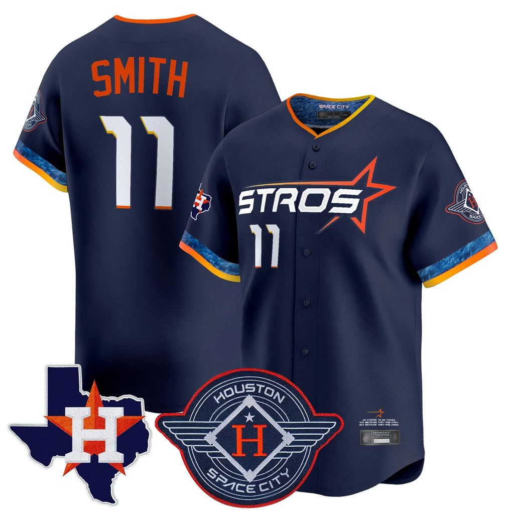 H.Astros #11 Cam Smith Player Navy City Connect Texas Patch Vapor Premier Limited Home Edoa Stitched Jerseys