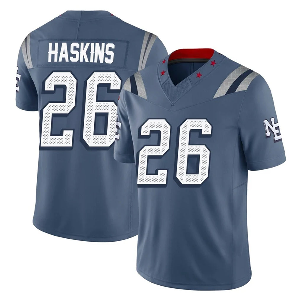 NE.Patriots #26 Hassan Haskins Player Blue Limited Rivalries Collection Home Game Edoa Stitched Jerseys