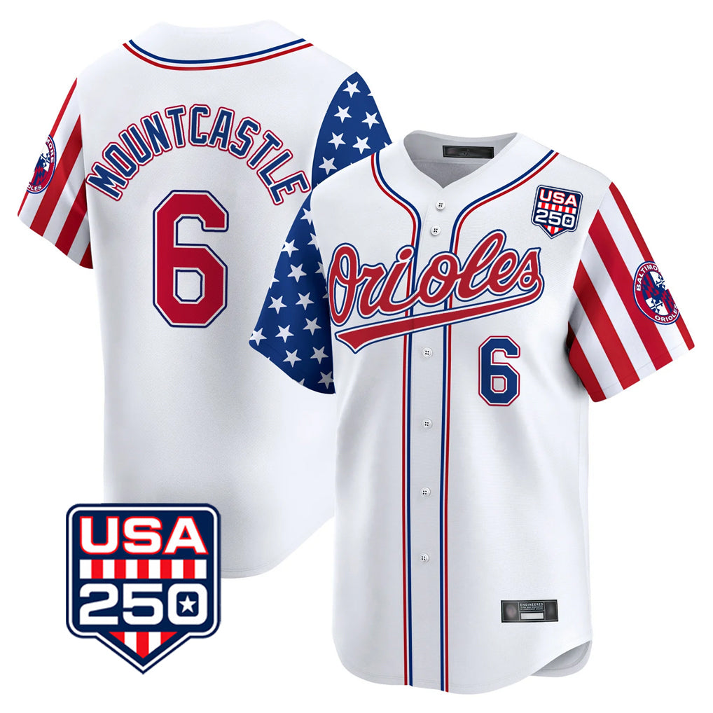 B.Orioles #6 Ryan Mountcastle Player White USA 250 Independence Day Vapor Premier Home Game Edoa Stitched Jerseys
