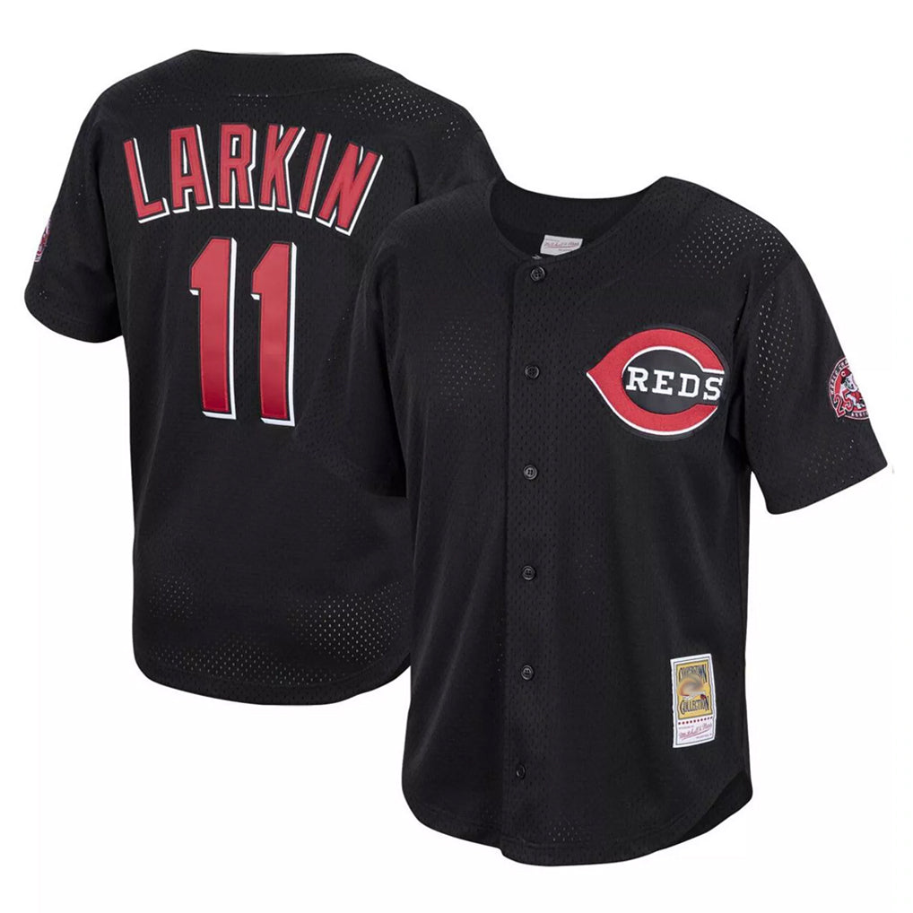 C.Reds #11 Barry Larkin Player Black Mitchell & Ness Throwback Cooperstown Mesh Game Edoa Stitched Jerseys