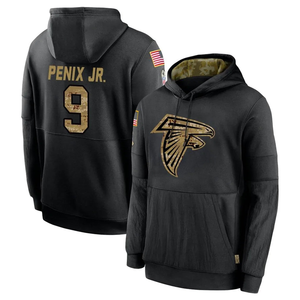 A.Falcons #9 Michael Penix Jr. Player Black Salute to Service Limited Black Hoodie Edoa Stitched Jerseys