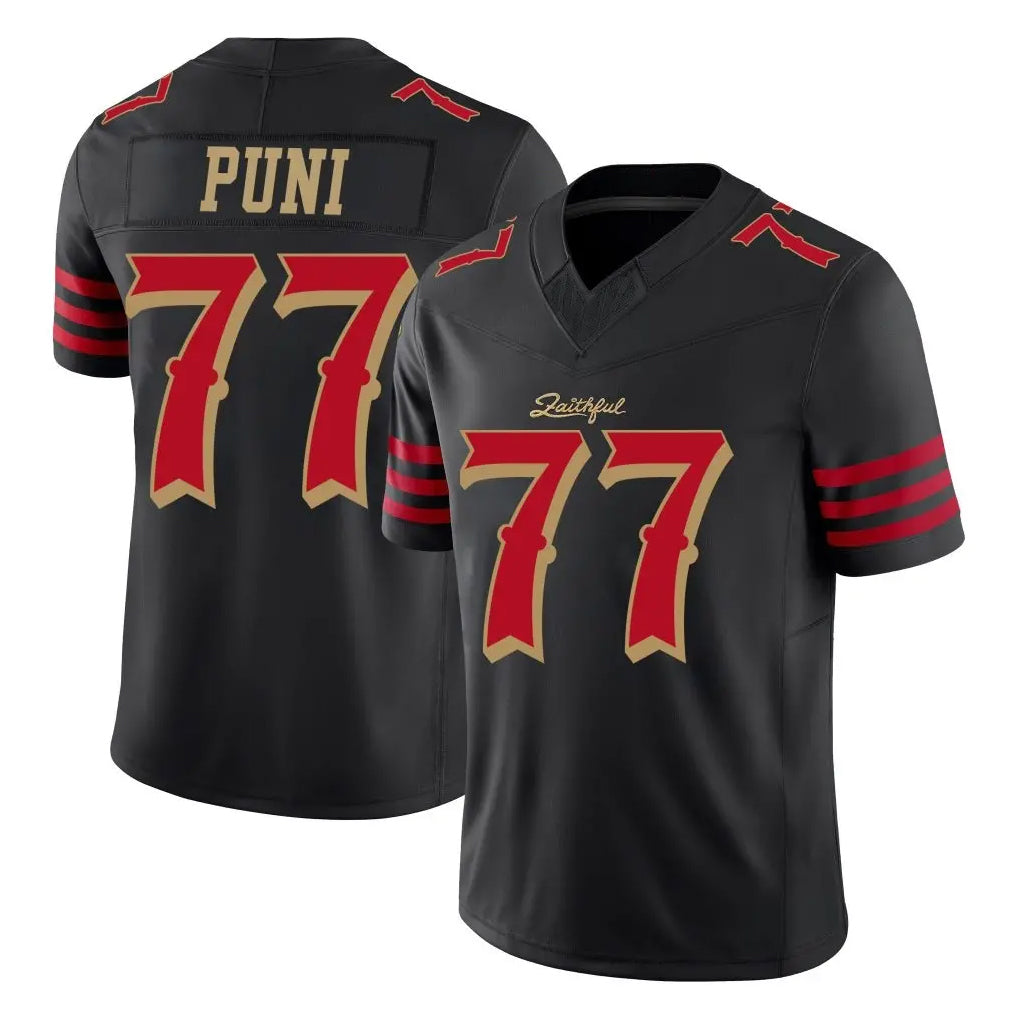SF.49ers #77 Dominick Puni Player Black Limited Rivalries Collection Home Game Edoa Stitched Jerseys