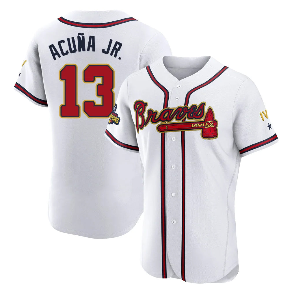 A.Braves #13 Ronald Acuna Jr Player White Gold Limited Elite Home Game Edoa Stitched Jerseys