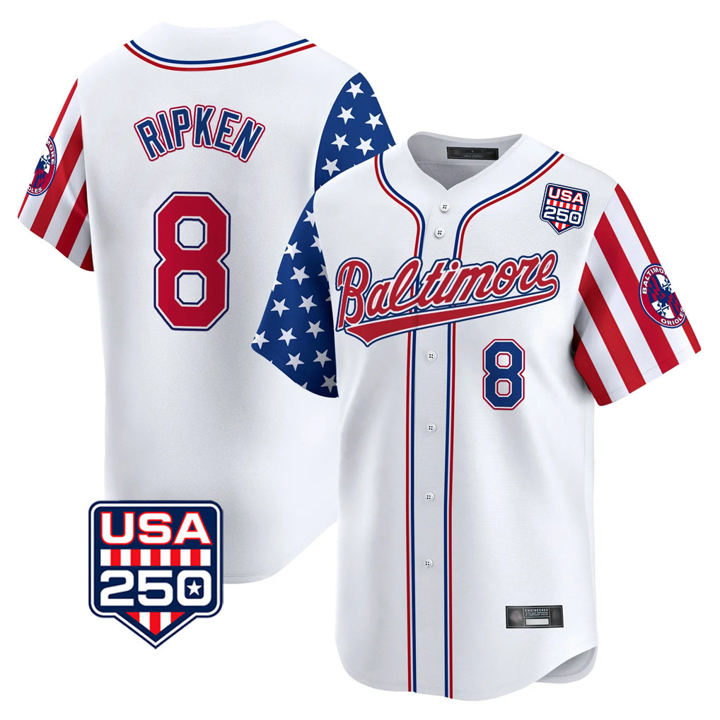 B.Orioles #8 Cal Ripken Player White USA 250 Independence Day Vapor Premier Limited Home Game Edoa Stitched Jerseys