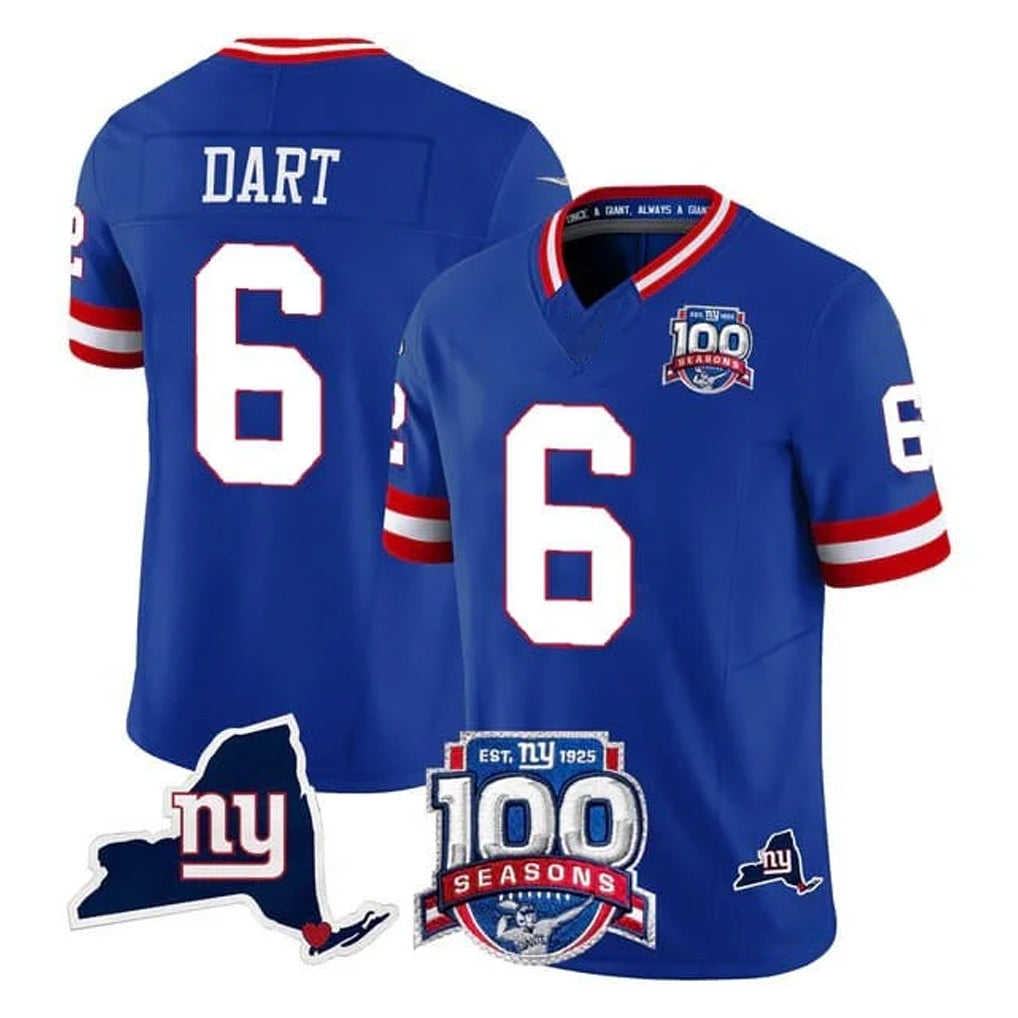 NY.Giants #6 Jaxson Dart Player Royal 100th Season & State Patch Vapor Limited Home Game Edoa Stitched Jerseys