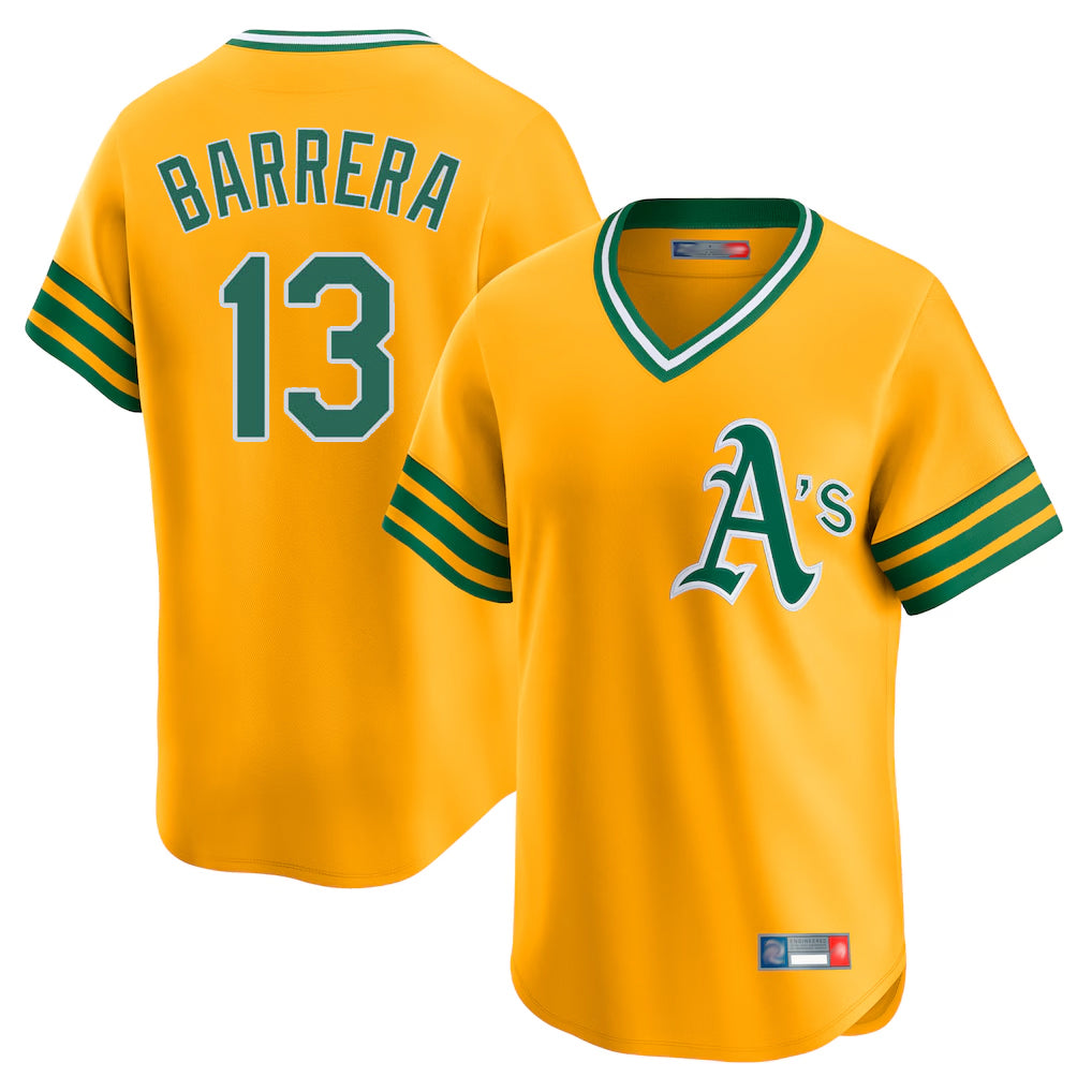 Athletics #13 Luis Barrera Player Gold Cooperstown Collection T-shirt Game Edoa Stitched Jerseys