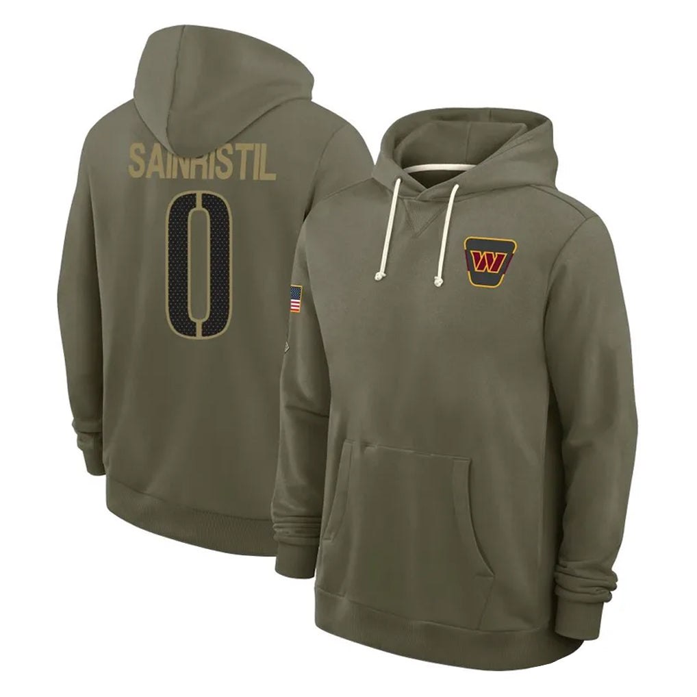 W.Commanders #0 Mike Sainristil Player Olive Salute to Service Pullover Hoodies Limited Home Edoa Stitched Jerseys