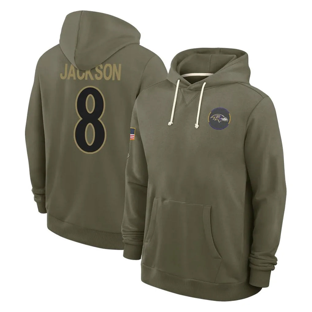 B.Ravens #8 Lamar Jackson Player Olive Salute to Service Hoodie Edoa Stitched Jerseys