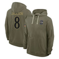 B.Ravens #8 Lamar Jackson Player Olive Salute to Service Hoodie Edoa Stitched Jerseys