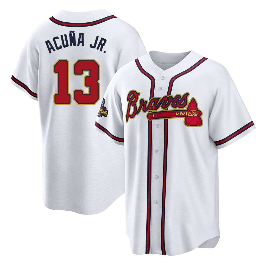 A.Braves #13 Ronald Acuna Jr Player White Gold Home Game Edoa Stitched Jerseys