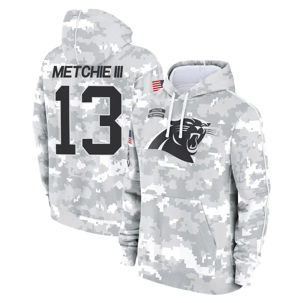 C.Panthers #13 John Metchie III Player Arctic Camo Salute to Service Pullover Hoodies Limited Game Edoa Stitched Jerseys