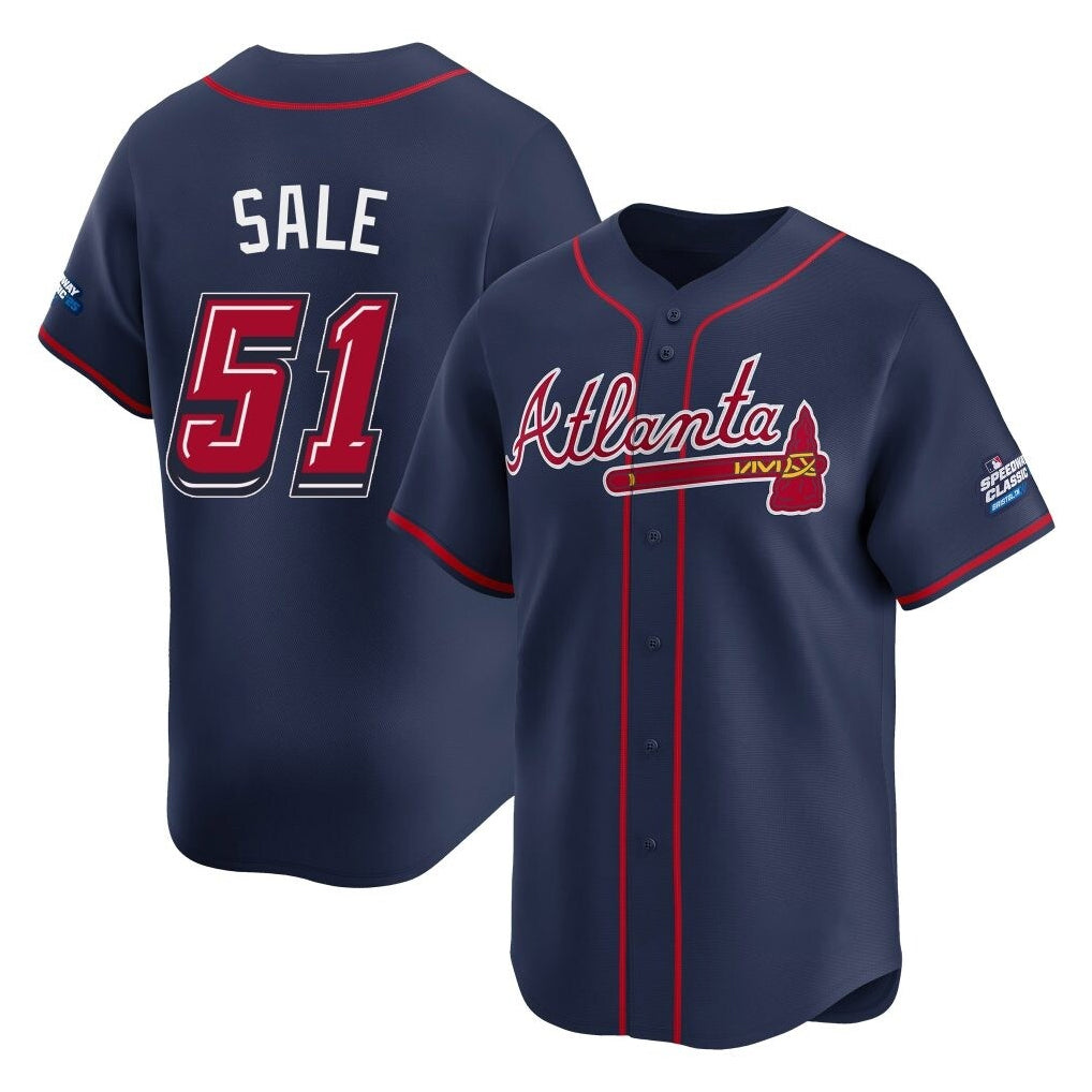 A.Braves #51 Chris Sale Player Navy 2025 Speedway Classic Home Game Edoa Stitched Jerseys
