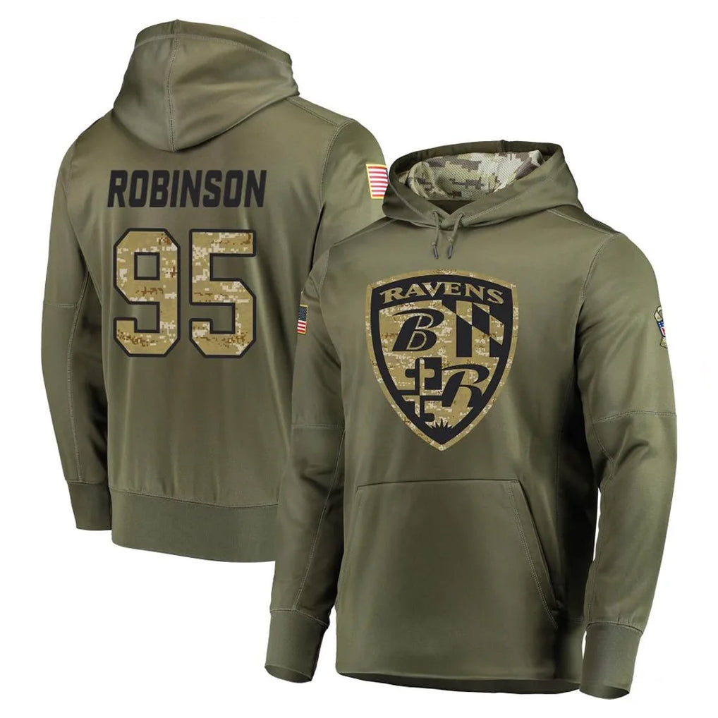 B.Ravens #95 Tavius Robinson Player Olive Salute to Service Pullover Hoodie Edoa Stitched Jerseys