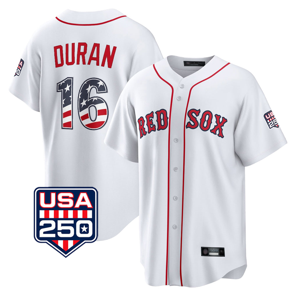 B.Red Sox #16 Jarren Duran Player White USA 250 Fourth of July Home Game Edoa Stitched Jerseys