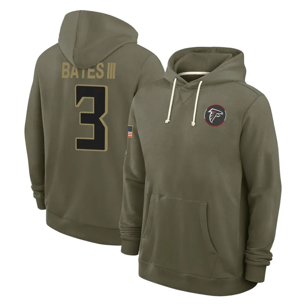 A.Falcons #3 Jessie Bates III Player Olive 2025 Salute to Service Hoodies Edoa Stitched Jerseys