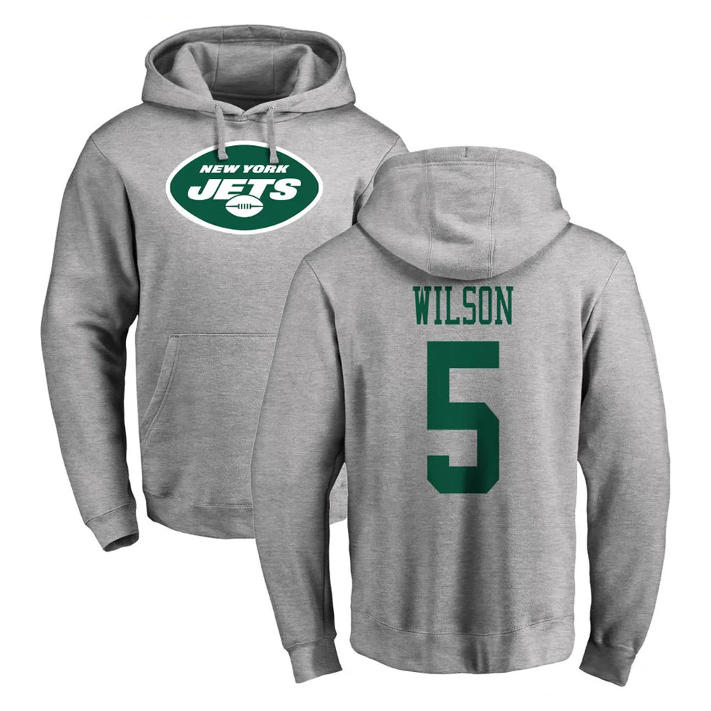 NY.Jets #5 Garrett Wilson Player Gray LOGO Pullover Hoodies Limited Game Edoa Stitched Jerseys