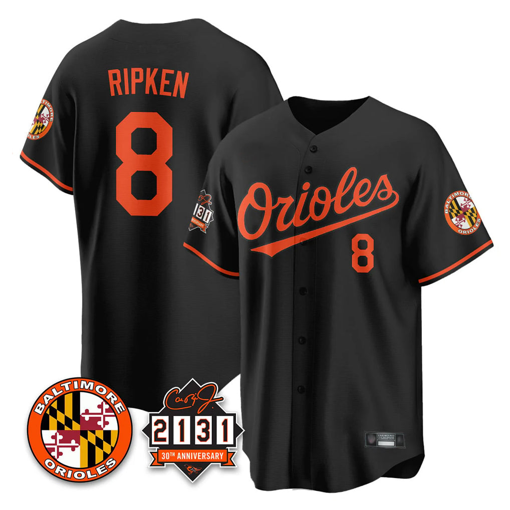 B.Orioles #8 Cal Ripken Player Black 30th Anniversary of 2131 Home Game Edoa Stitched Jerseys