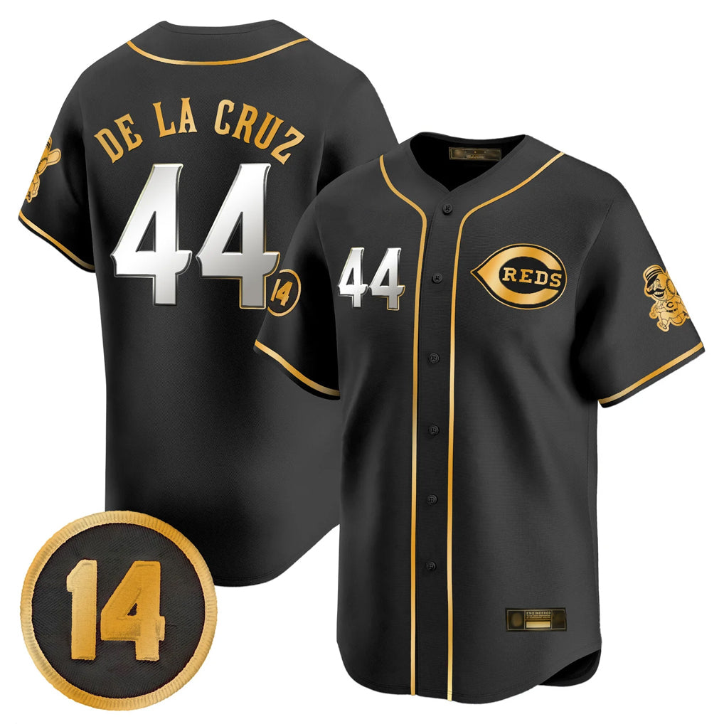 C.Reds #44 Elly De La Cruz Player Black-Gold Vapor Premier Limited Home Edoa Stitched Jerseys