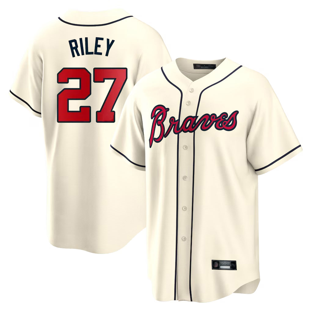 A.Braves #27 Austin Riley Player Cream Home Game Edoa Stitched Jerseys