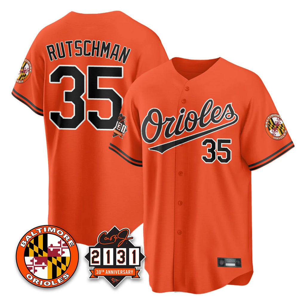 B.Orioles #35 Adley Rutschman Player Orange 30th Anniversary of 2131 Home Game Edoa Stitched Jerseys