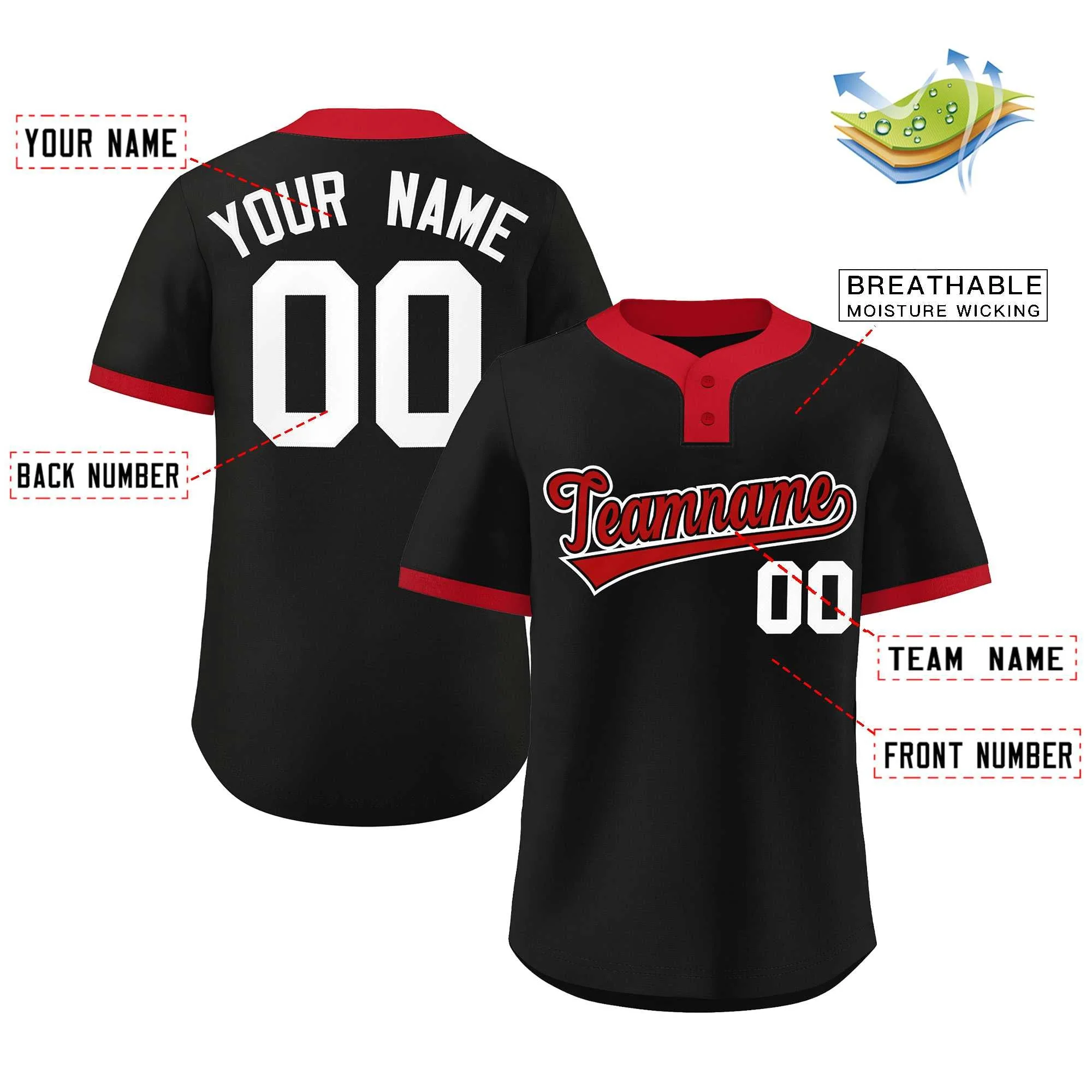 Custom Black Red-White Classic Style Authentic Two-Button Softball Jersey-1