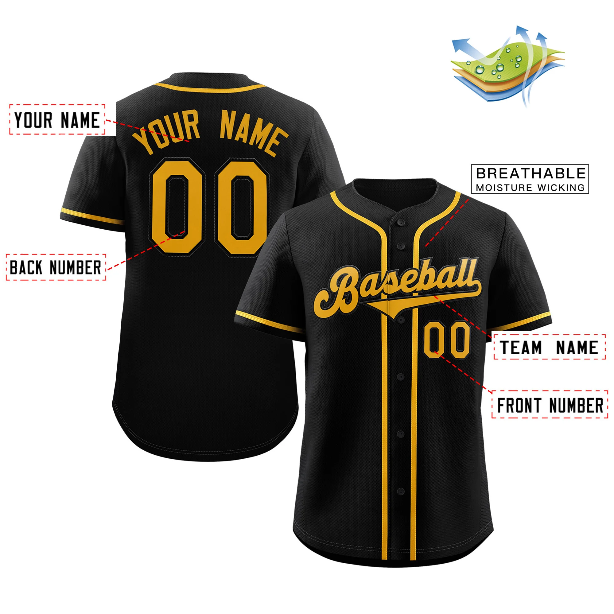 Custom Black Yellow Classic Style Authentic Baseball Jersey-1