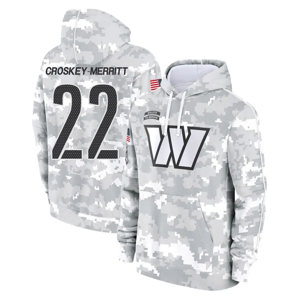 W.Commanders #22 Jacory Croskey-Merritt Player Arctic Camo Limited Salute to Service Pullover Hoodies Game Edoa Stitched Jerseys