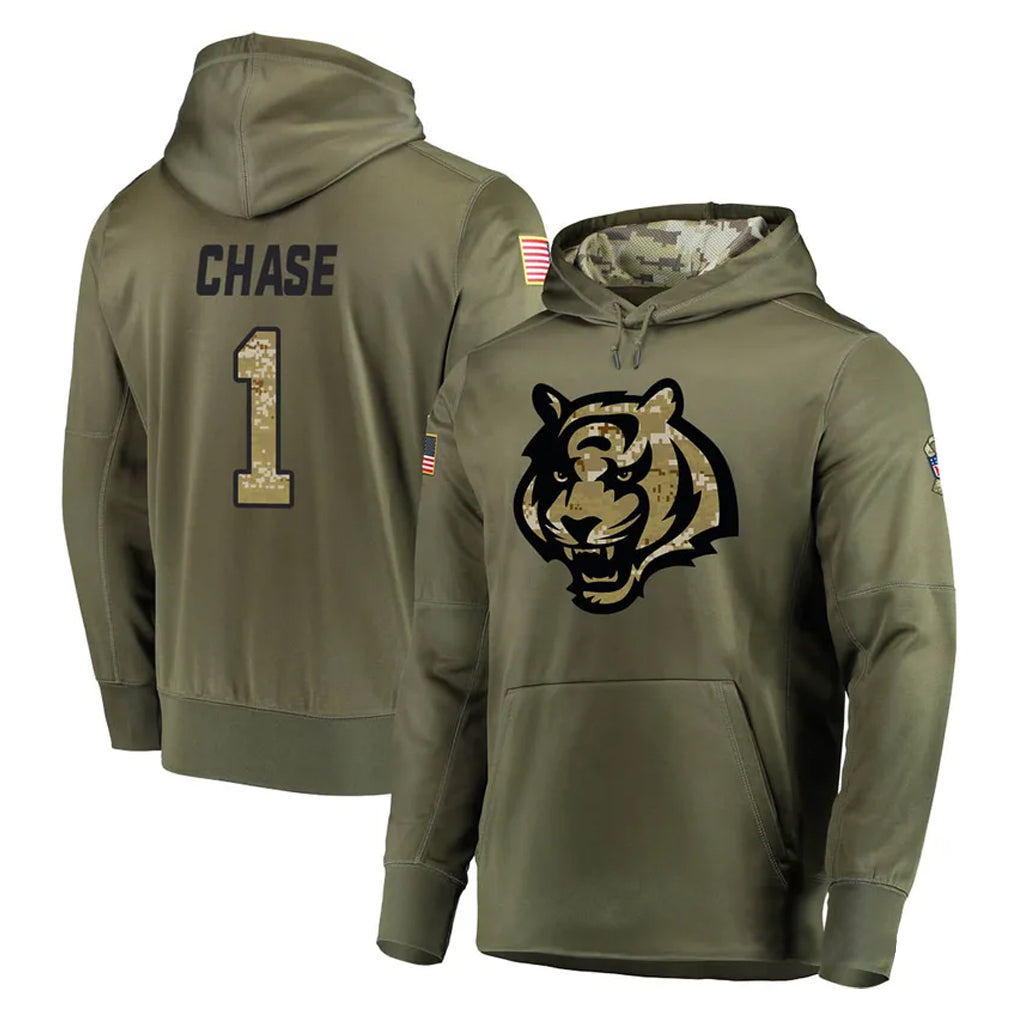 C.Bengals #1 Ja'Marr Chase Player Olive Salute to Service Pullover Hoodies Home Game Edoa Stitched Jerseys