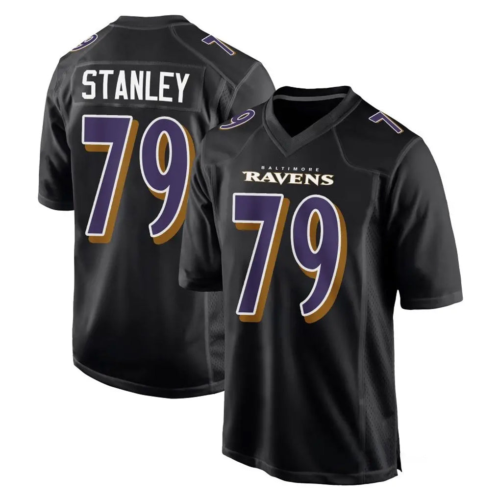B.Ravens #79 Ronnie Stanley Player Black Carbon Fashion Home Game Edoa Stitched Jerseys