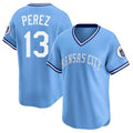 KC.Royals #13 Salvador Perez Player Light Blue Limited Throwback Cooperstown Collection T-shirt Edoa Stitched Jerseys