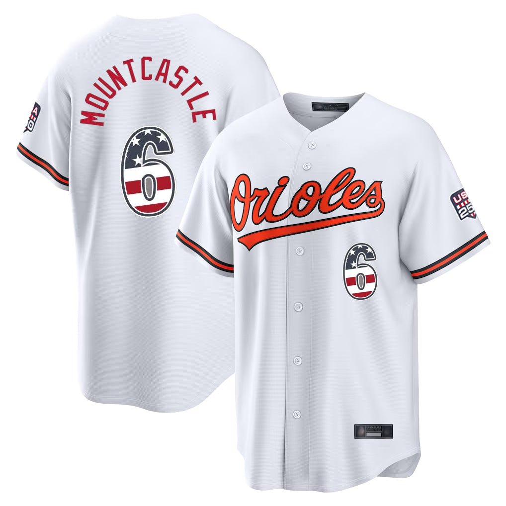 B.Orioles #6 Ryan Mountcastle Player White USA 250 Fourth of July Home Game Edoa Stitched Jerseys