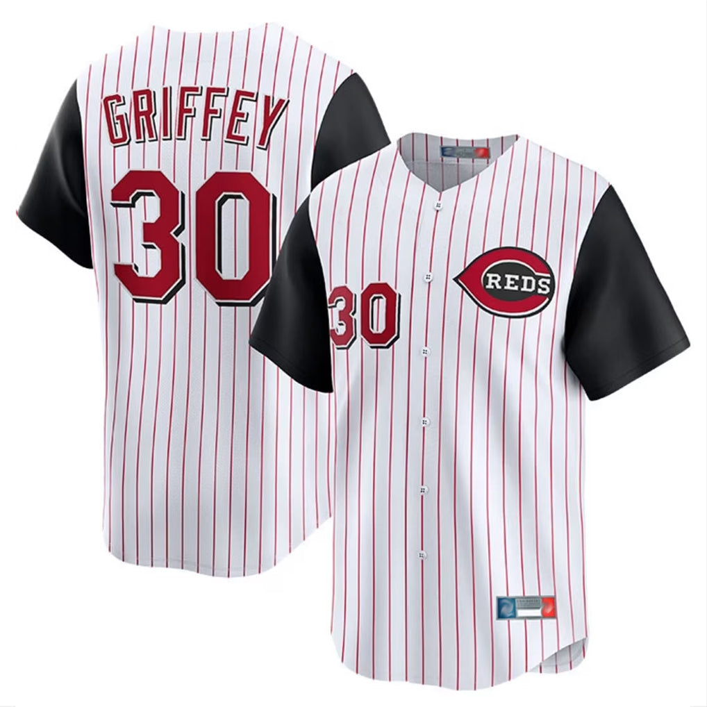 C.Reds #30 Ken Griffey Player White Black Stripe Field of Dreams Game Home Edoa Stitched Jerseys