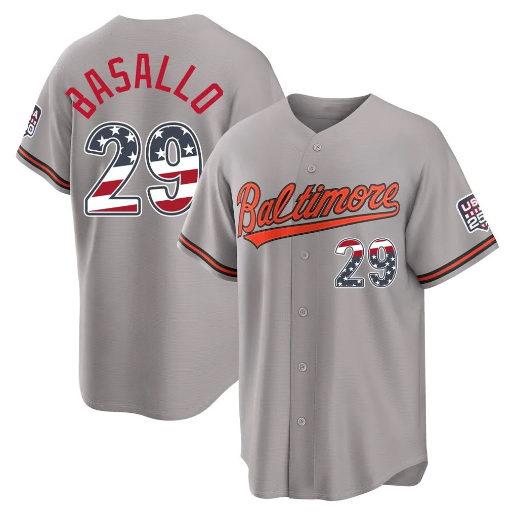 B.Orioles #29 Samuel Basallo Player Gray USA 250 Fourth of July Home Game Edoa Stitched Jerseys