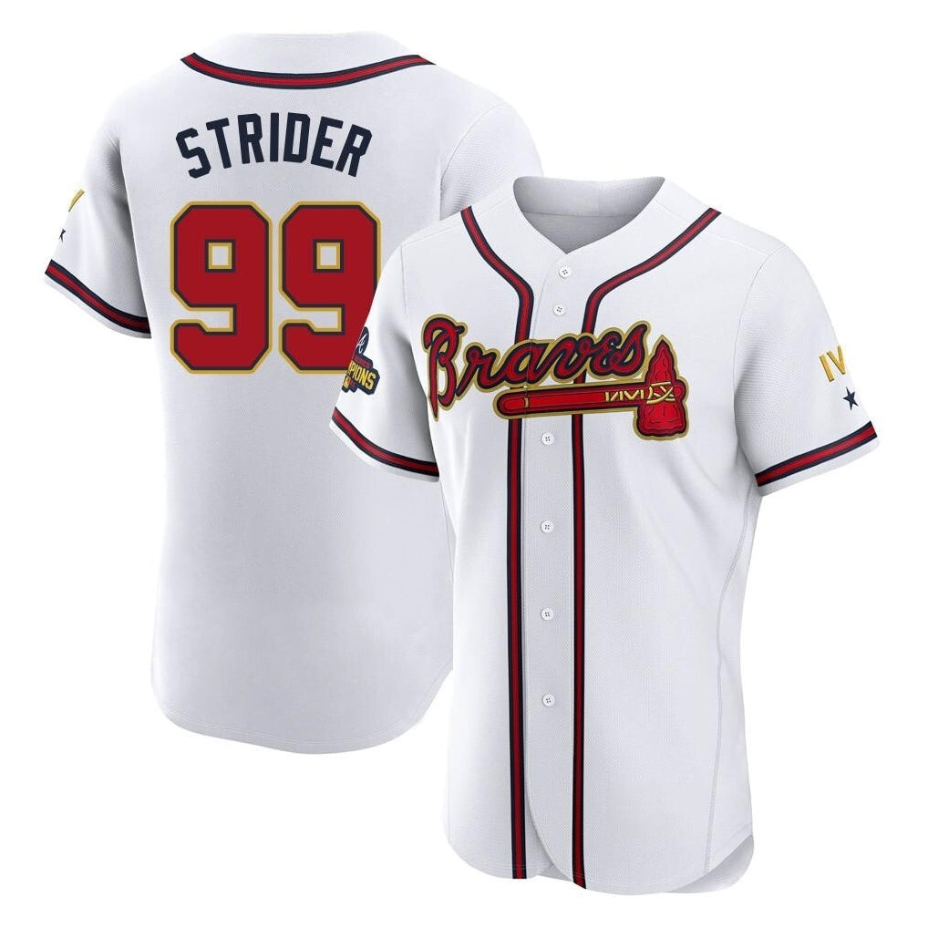 A.Braves #99 Spencer Strider Player White Gold Limited Elite Home Game Edoa Stitched Jerseys