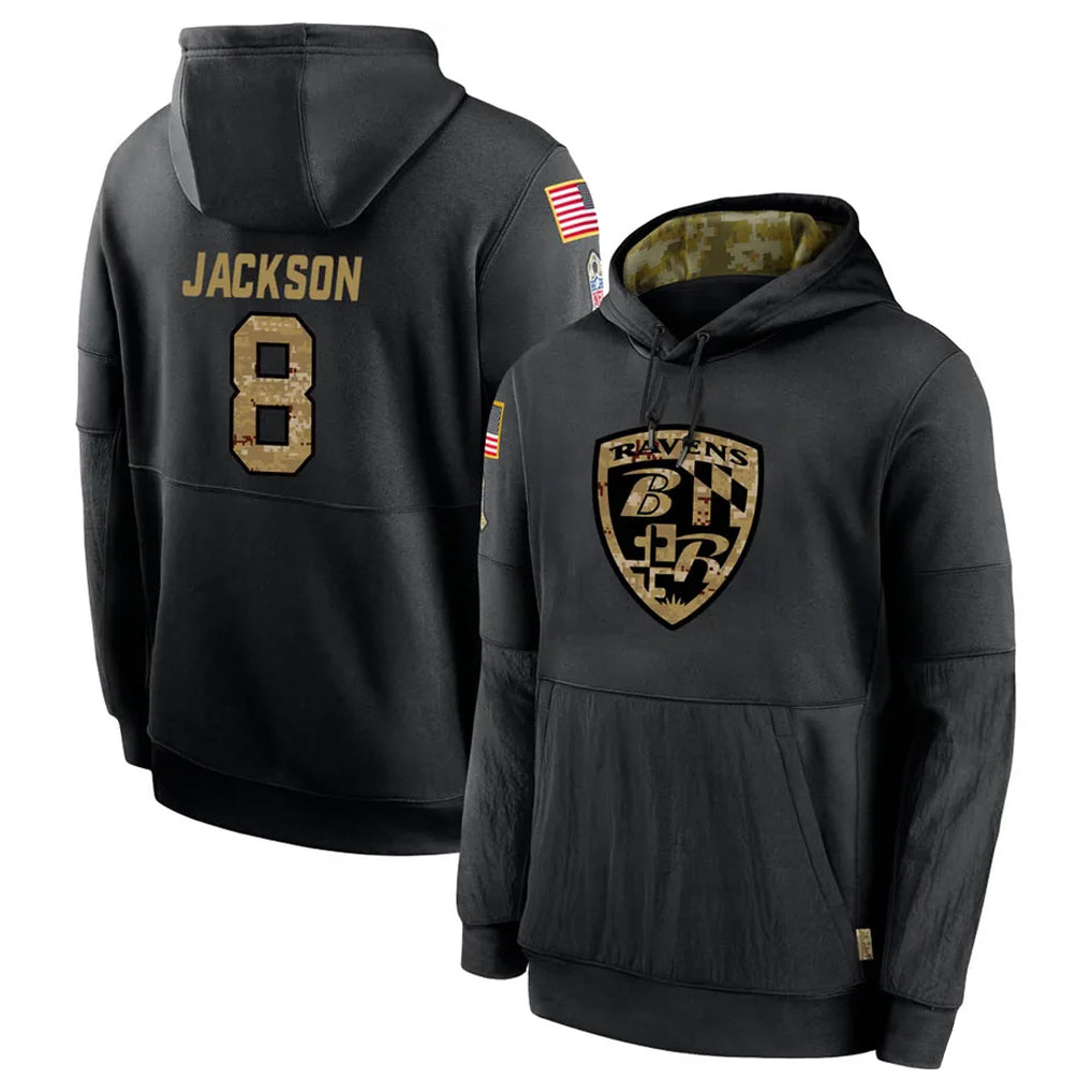 B.Ravens #8 Lamar Jackson Player Black Salute to Service Pullover Hoodie Edoa Stitched Jerseys
