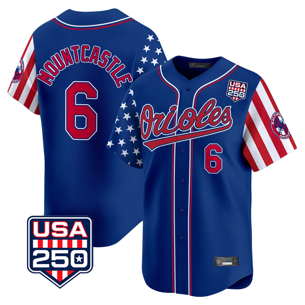 B.Orioles #6 Ryan Mountcastle Player Royal USA 250 Independence Day Vapor Premier Limited Home Game Edoa Stitched Jerseys