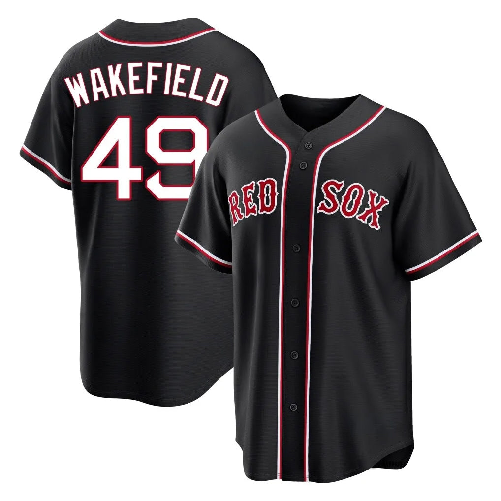 B.Red Sox #49 Tim Wakefield Player Black Out Home Game Edoa Stitched Jerseys