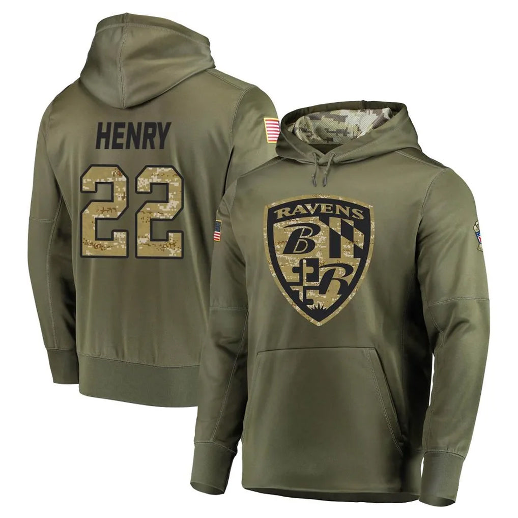 B.Ravens #22 Derrick Henry Player Olive Salute to Service Pullover Hoodie Edoa Stitched Jerseys