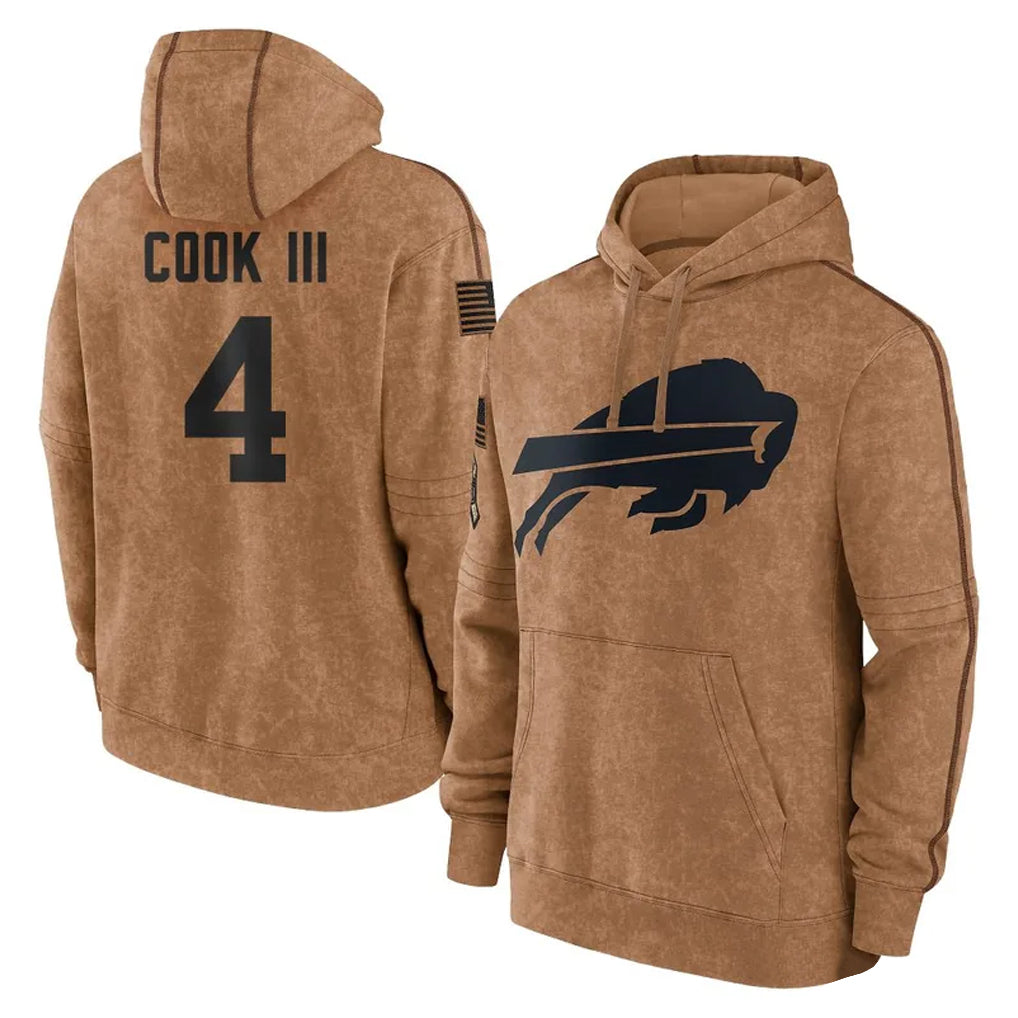 B.Bills #4 James Cook III Player Brown Salute to Service Hoodies Edoa Stitched Jerseys
