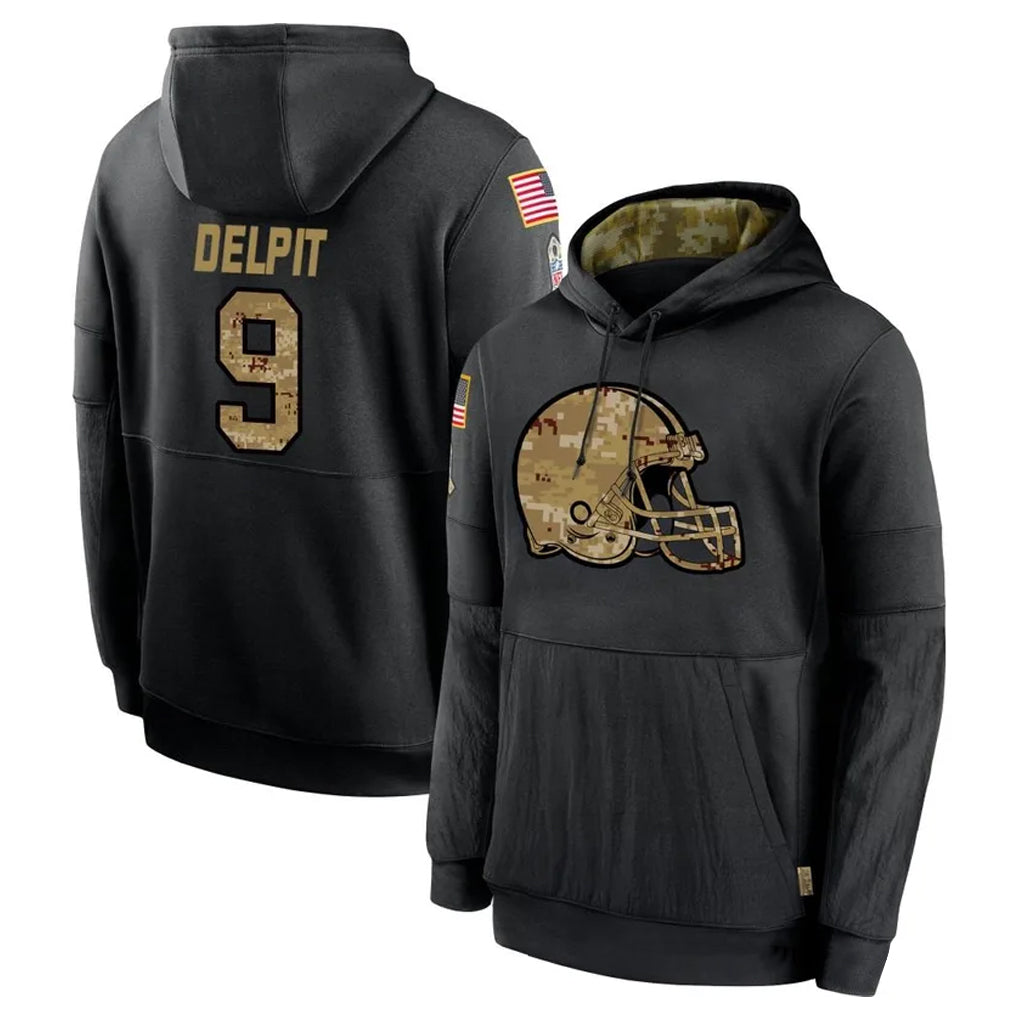 C.Browns #9 Grant Delpit Player Black Salute to Service Pullover Hoodies Limited Edoa Stitched Jerseys