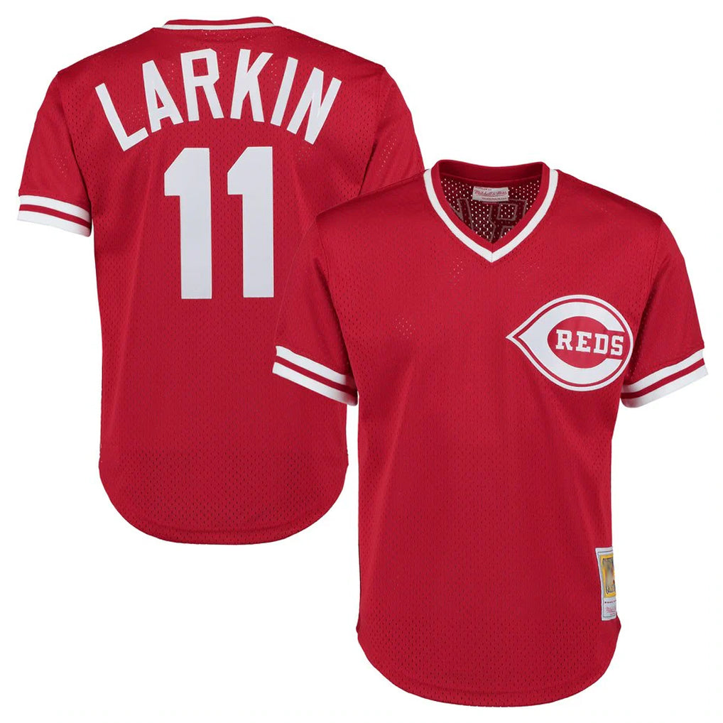 C.Reds #11 Barry Larkin Player Red Mitchell & Ness Throwback Cooperstown Mesh T-shirt Game Edoa Stitched Jerseys