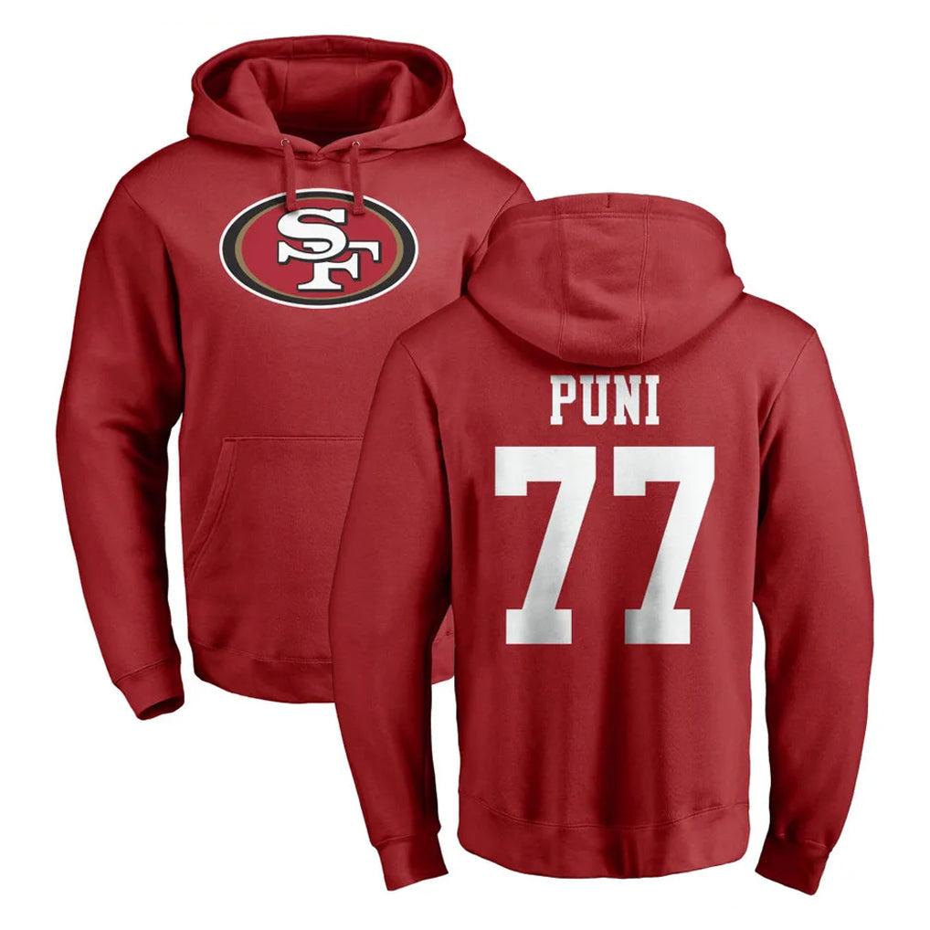 SF.49ers #77 Dominick Puni Player Red LOGO Pullover Hoodies Home Game Edoa Stitched Jerseys
